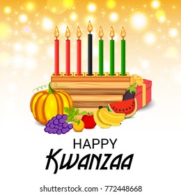 Vector illustration of a Banner for African Kwanzaa festive concept with decorative candles red, black and green, pumpkins, grapes, orange, apple, banana, and gift box.