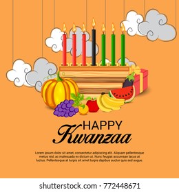 Vector illustration of a Banner for African Kwanzaa festive concept with decorative candles red, black and green, pumpkins, grapes, orange, apple, banana, and gift box.