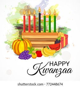 Vector illustration of a Banner for African Kwanzaa festive concept with decorative candles red, black and green, pumpkins, grapes, orange, apple, banana, and gift box.