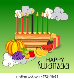 Vector illustration of a Banner for African Kwanzaa festive concept with decorative candles red, black and green, pumpkins, grapes, orange, apple, banana, and gift box.