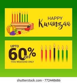 Vector illustration of a Banner for African Kwanzaa festive concept with decorative candles red, black and green, pumpkins, grapes, orange, apple, banana, and gift box.