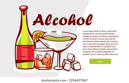 Vector illustration banner of alcoholic drinks and lettering in cartoon style.