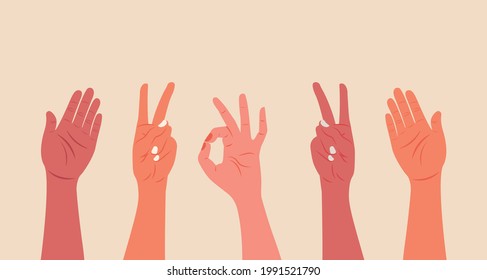 Vektorgrafik-Banner von Armen verschiedener Ethnien und Farben, die positive Gesten. Gleichheit und Gleichheit für alle.