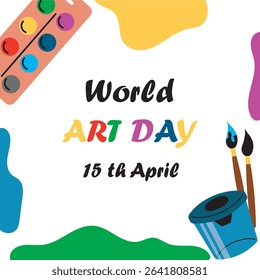 Vector illustration of a banner for the art day on April 15. Paints, brushes and a jar for water. Flat background