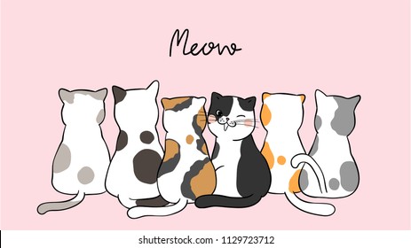 Vector illustration banner background cute cats on pink pastel.Doodle cartoon style.