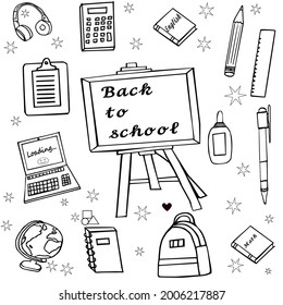 Vector illustration banner background design sketch outline element of education.Template for school. Hand drawn. Set of school icons