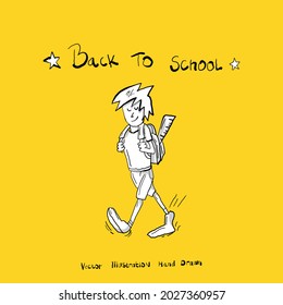 Vector illustration banner background design sketch doodle boy go to school and lettering back to school . Hand drawn cartoon style