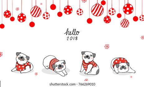 Vector illustration banner background design cute pug for Christmas day and New year.Draw doodle style.