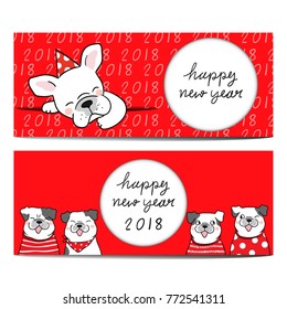 Vector illustration banner background design cute pug in red color for New year.Draw doodle style.