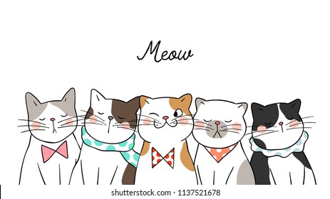 Vector illustration banner background portrait cute cats on white.Doodle cartoon style.