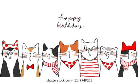 Vector illustration banner background portrait cute cats on white for happy birthday.Doodle cartoon style.