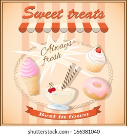 Vector illustration banner for bakery cafe, sweet-shop with realistic ice cream, cupcake and donut - eps10