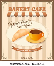 vector illustration banner for bakery cafe  with cup  of coffee  and croissant on the vintage background- eps10