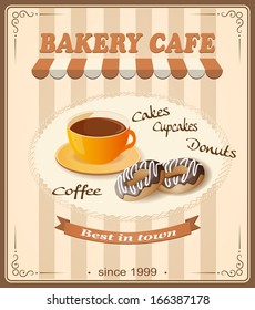 vector illustration banner for bakery cafe  with cup  of coffee  and donuts on the vintage background- eps10