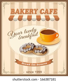 vector illustration banner for bakery cafe  with cup  of coffee  and donuts on the vintage background- eps10