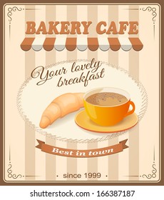 vector illustration banner for bakery cafe  with cup  of cappuccino  and croissant on the vintage background- eps10