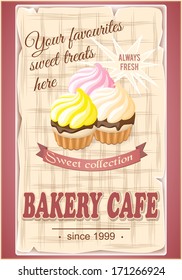 vector illustration banner for bakery cafe with cakes on the vintage background- eps10