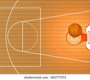 Vector illustration, banner, a basketball court, a ball in a basket, space for text,  lorem ipsum