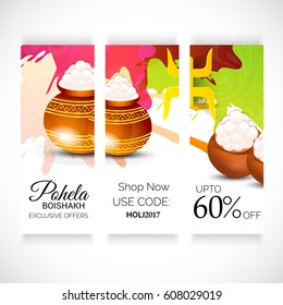 Vector illustration of a Banner for Bengali New Year  pohela boishakh, Mud Pot fill with Rasgulla.