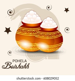 Vector illustration of a Banner for Bengali New Year  pohela boishakh, Mud Pot fill with Rasgulla.