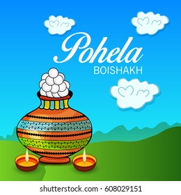 Vector illustration of a Banner for Bengali New Year  pohela boishakh, Mud Pot fill with Rasgulla.