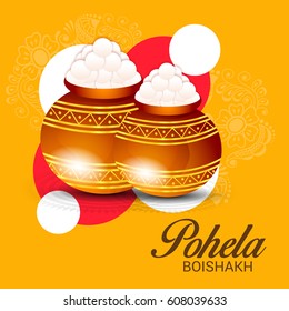 Vector illustration of a Banner for Bengali New Year Pohela Boishakh, Mud Pot fill with Rasgulla.