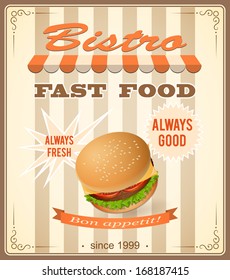 vector illustration banner for bistro with burger on the vintage background- eps10