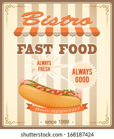 vector illustration banner for bistro with hot dog on the vintage background- eps10