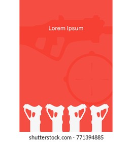 Vector illustration of banner, booklet, flyer, flat design for laser tag, silhouettes of weapons, assault rifles, rifles and pistols, text centered, red, white