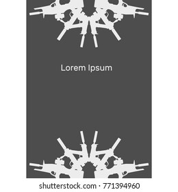 Vector illustration of banner, booklet, flyer, flat design for laser tag, silhouettes of weapons, assault rifles, rifles and pistols, text centered, gray, white