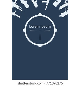Vector illustration of banner, booklet, flyer, flat design for laser tag, silhouettes of weapons, assault rifles, rifles and pistols, text centered, blue, white, dark