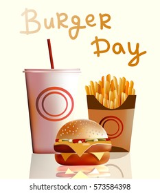 Vector illustration, banner , Burger , fries , cola . Fast food - the whole world.