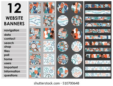 vector illustration for banner and buttons set in circle square and rectangle shapes for contacts homepage shop announcement information poll menu items on website