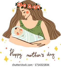 Vector illustration banner, card, postcard Mothers day, woman with child, dauther, mom kid