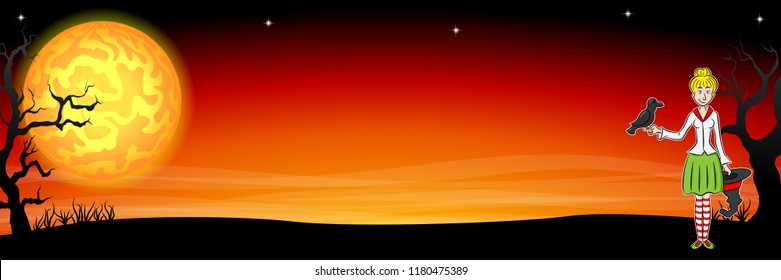 vector illustration of a banner with cartoon witch in front of a halloween landscape