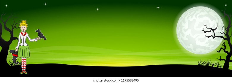 vector illustration of a banner with cartoon witch in front of a halloween landscape