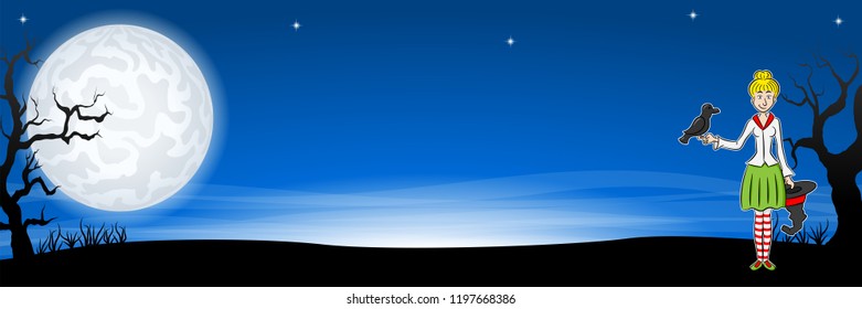 vector illustration of a banner with cartoon witch in front of a halloween landscape