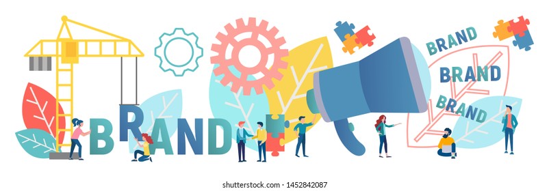 Vector illustration of the banner. The characters are working on the creation and development of the brand. Branding, business development, brand promotion.