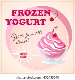 Vector illustration banner with cherry frozen yogurt on the vintage background. eps10