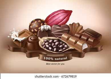 Vector illustration, banner with chocolate sweets and cocoa beans. Print, template, design element for packaging and advertising, sticker