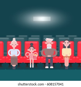 Vector illustration. Banner for the cinema. Viewers at the cinema. people on the seats from the top of theater
