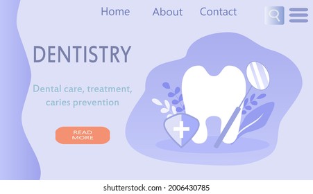 vector illustration, banner for cite on the theme of dentistry, dental care. big tooth, dental mirror and flowers. trend illustration in flat style.