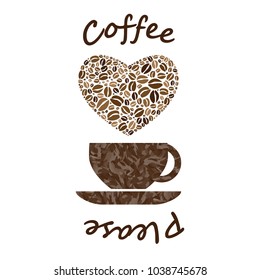 vector illustration of banner with coffee beans in heart shape and mug for caffeine lovers and Coffee Please text for prints and cards