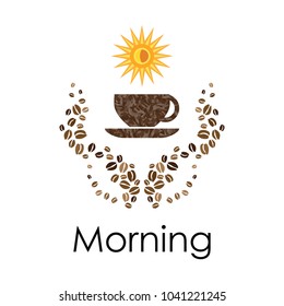 vector illustration of banner with coffee mug and beans in symmetrical design with bright sun icon for good morning greetings
