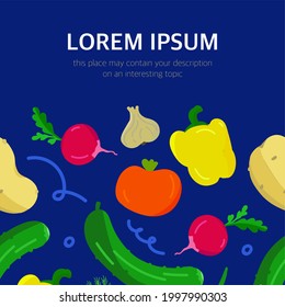 Vector illustration of a banner with colorful vegetables on a blue background with an empty space for inserting text