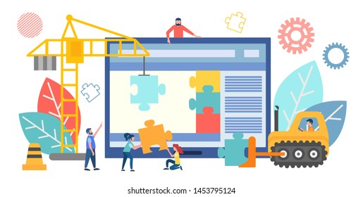 Vector illustration of a banner concept work in a team on construction and site optimization. The characters build through technology marketing website. The company's employees create business develop