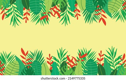 Banner de ilustración vectorial con espacio de copia con fondo de follaje de plantas tropicales en colores rojo y amarillo verde vibrante. Plantilla de diseño