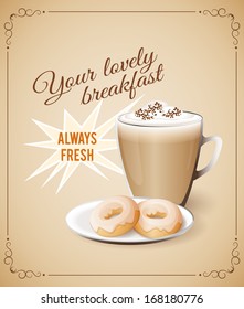 vector illustration banner  with cup of cappuccino and donuts on the vintage background- eps10