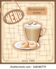 vector illustration banner with cup of cappuccino and donuts on the vintage background- eps10