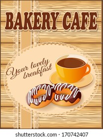 vector illustration banner with cup of coffee and donuts on the wood background- eps10